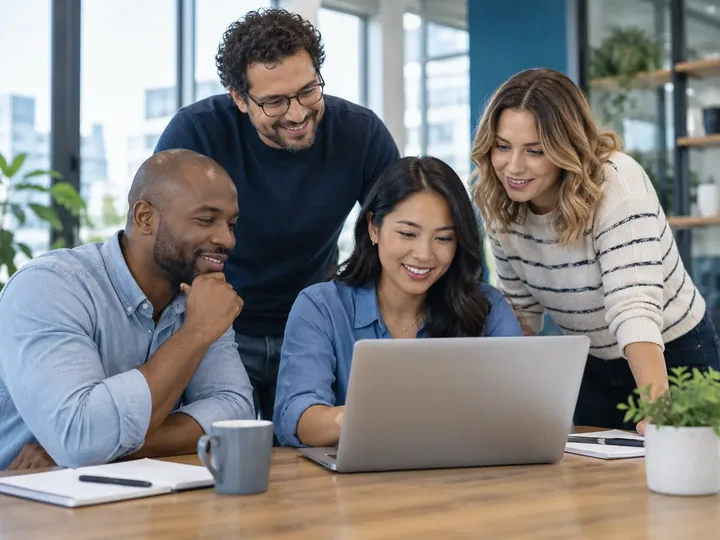 A growing business team learning together around a laptop.