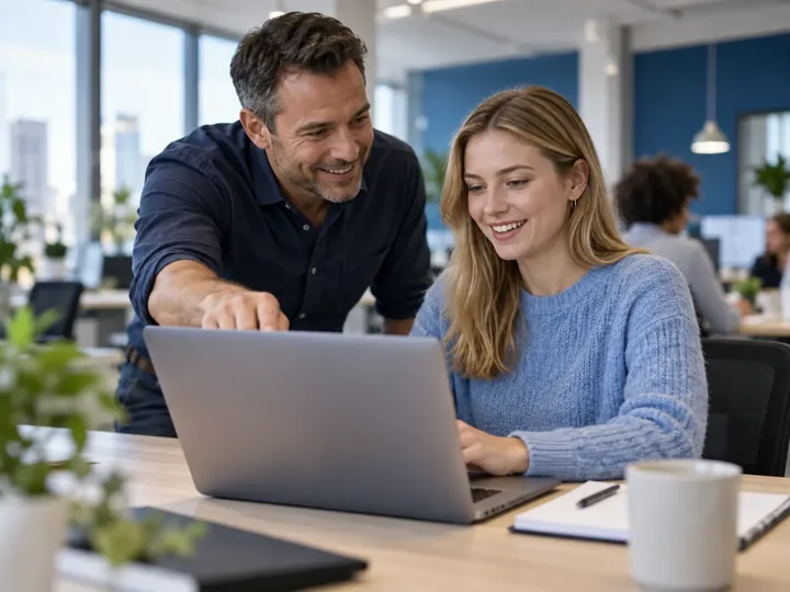 A training professional guides a learner through structured digital learning.