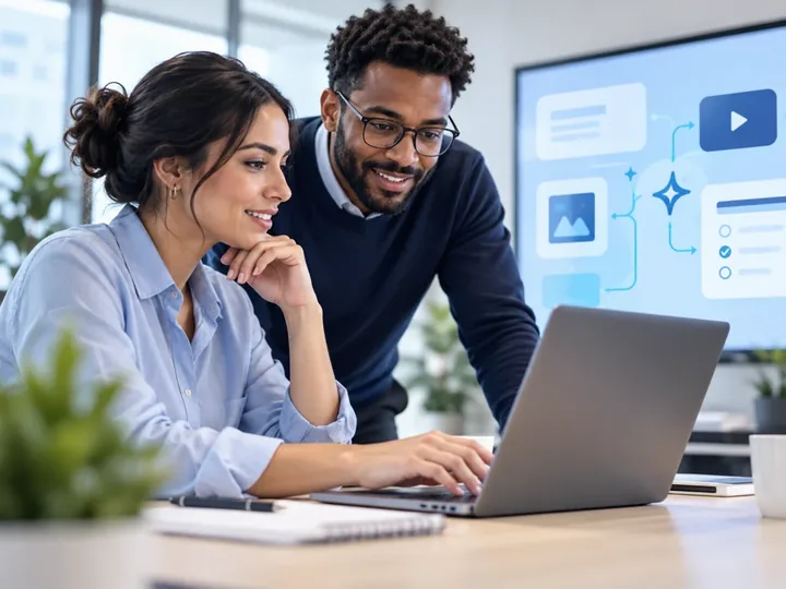 Two colleagues using AI-supported learning creation tools on a laptop